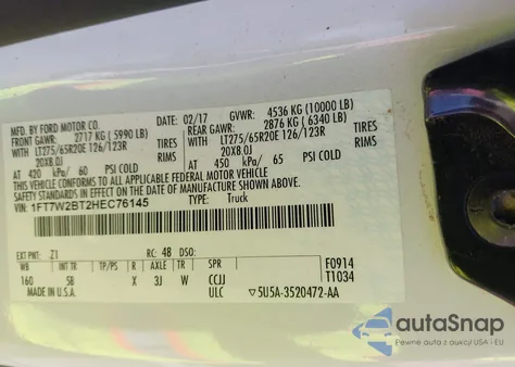 2017 Ford F-250 Lariat из США, поврежденный, VIN 1FT7W2BT2HEC76145